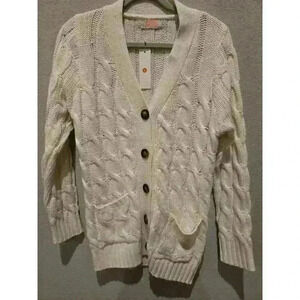 C+D+M Women's Ivory Cable Knit Cardigan Sweater w/ Pockets M Fisherman Old Money